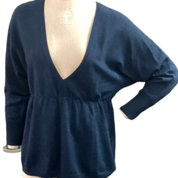 Ann Taylor LOFT V-Neck Merino Wool-Acrylic-Cashmere Sweater Knit Top M Blue 184M - Picture 2 of 9